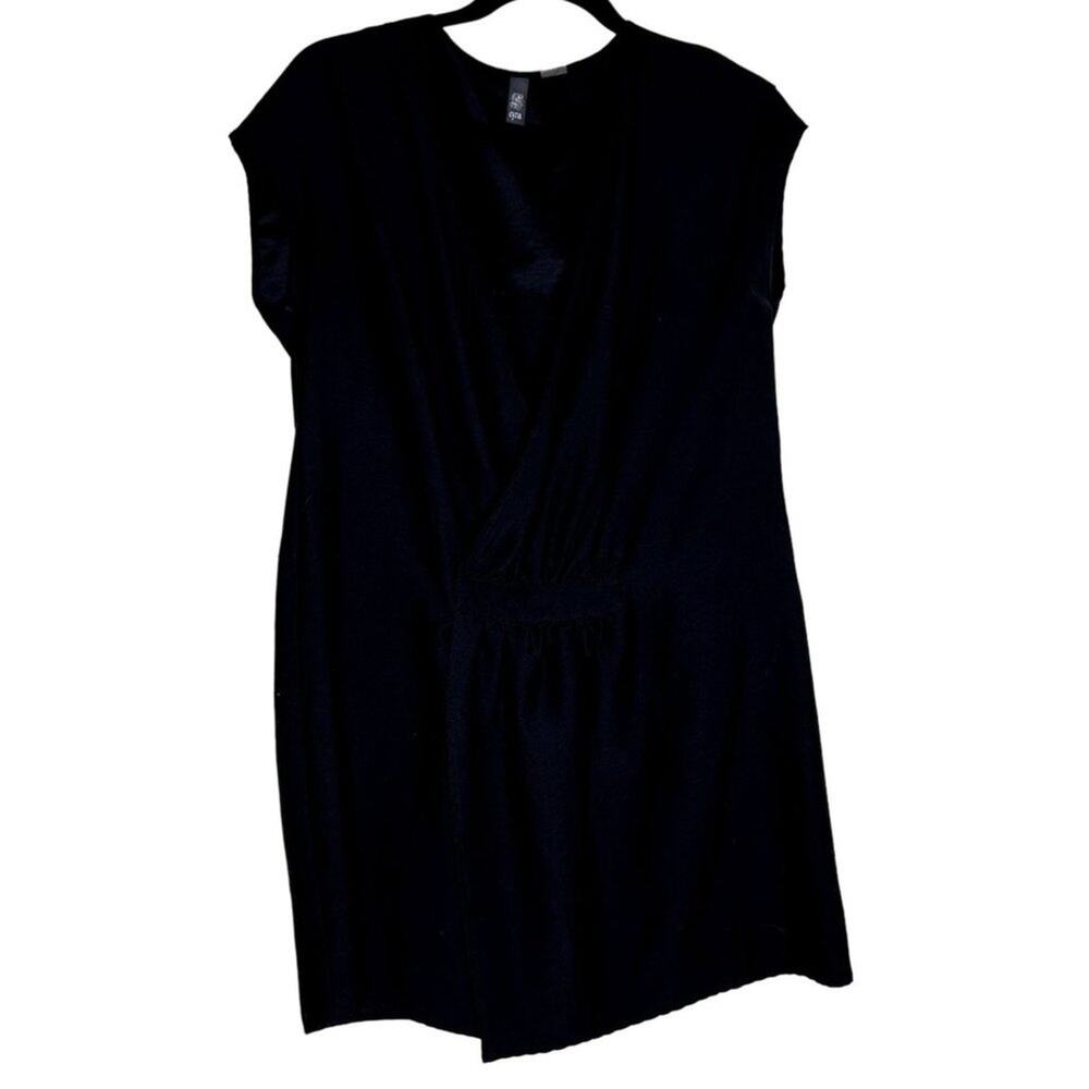 Ezra Black Surplice Mini Dress Large Sleeveless V-Neck Elastic Waist Stretch